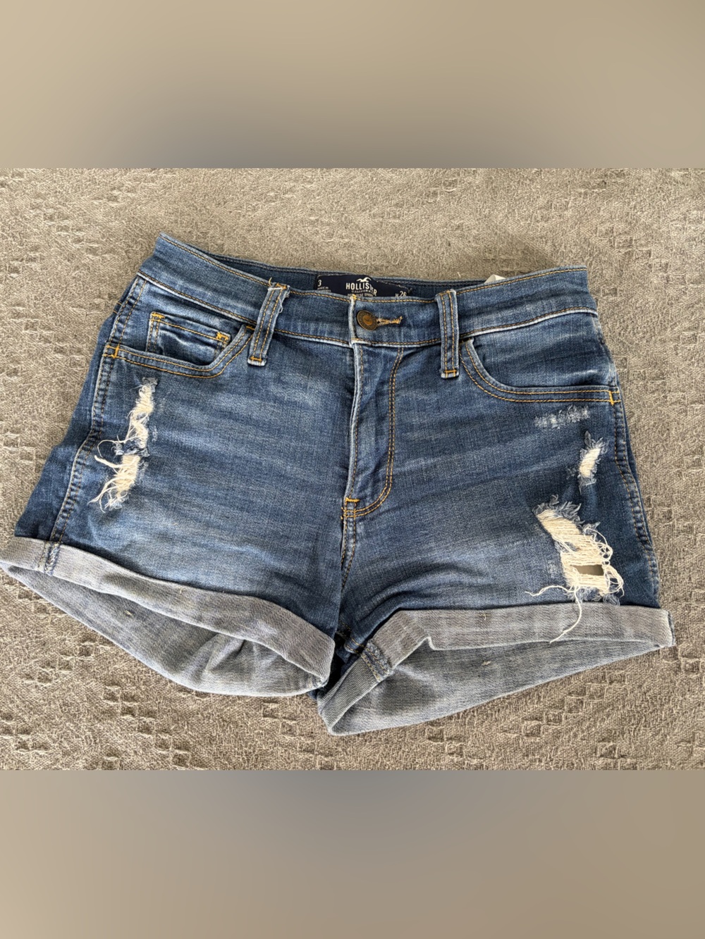 Hollister Distressed Rolled Hem Denim Shorts - Blue